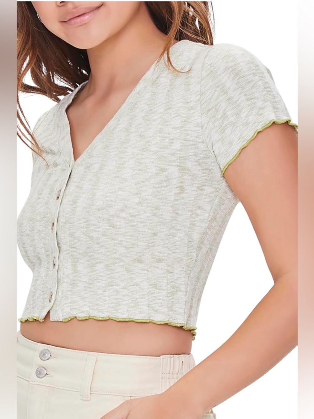 Forever 21 Women's Ribbed Button-Front Crop Top avocado